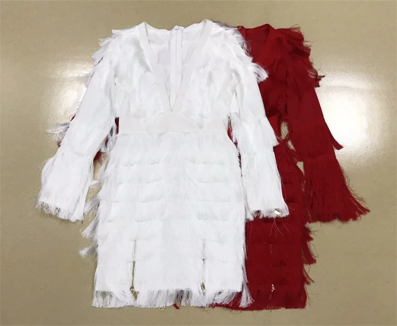 Зимнее Бандажное платье с длинным рукавом сексуальное платье с v-образным вырезом Tessel элегантное вечернее женское платье Vestidos облегающее Красное Белое