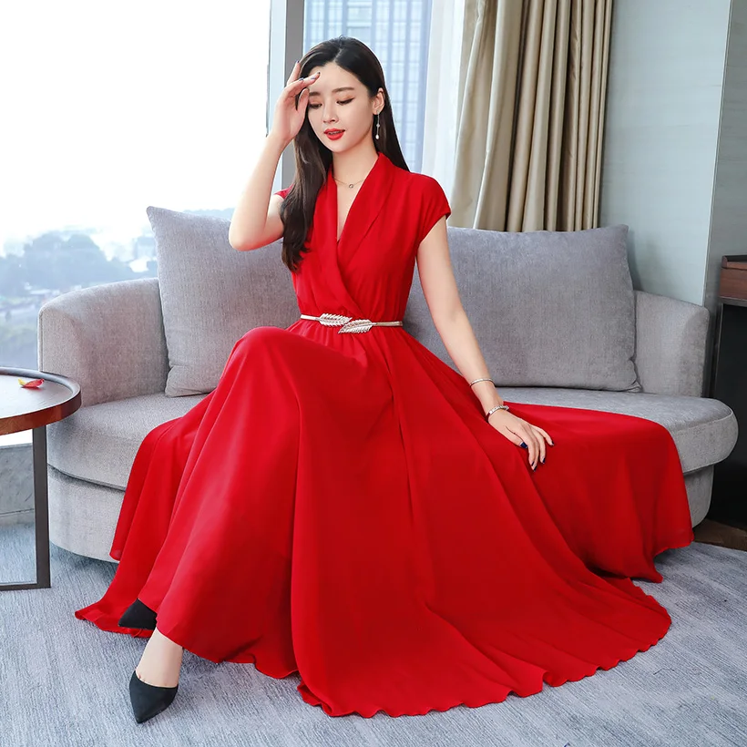 

Fashion casual short sleeve chiffon dress Elegant slim v-neck Bohemian Long Dress plus size women dress vestidos