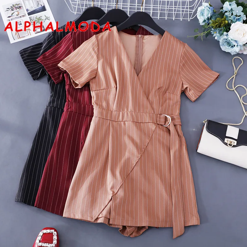 

ALPHALMODA V-neck Striped Fashion Playsuits Buckle Sashes High Waist Ladies Irregular Hem Stylish Summer Outfit