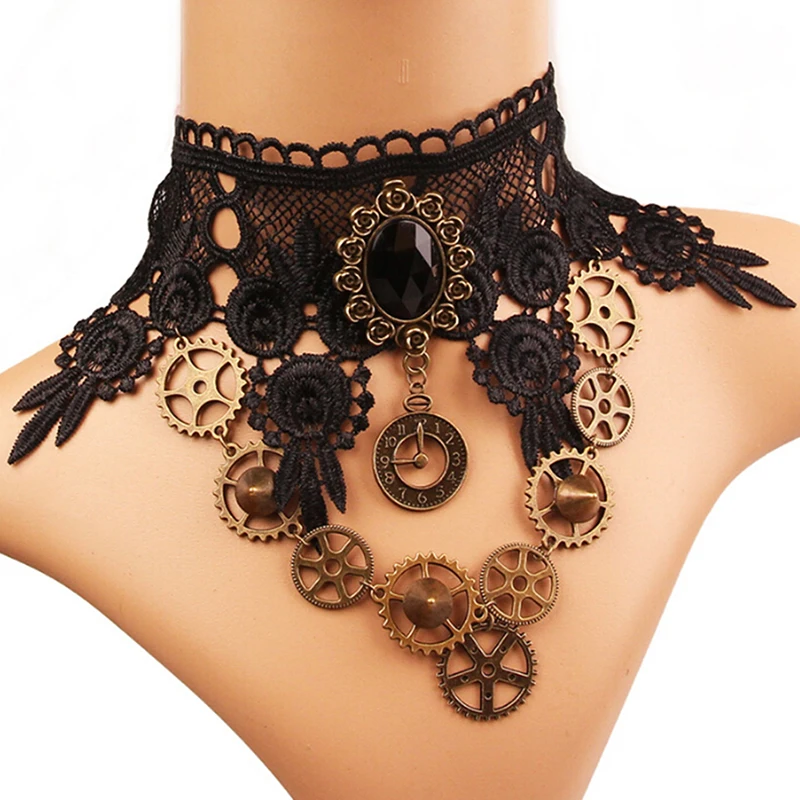 Женское готическое колье в стиле стимпанк, сексуальное кружевное ожерелье с полым цветком, массивная цепочка, дизайнерские ювелирные аксессуары