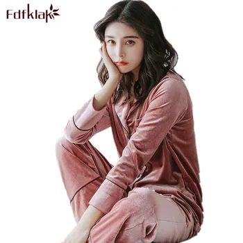 

Fdfklak Woman Pijamas Sleepwear Pajamas Set Autumn Winter Gold Velvet Women's Home Clothes Wine Red/Navy Pijamas Mujer Q562