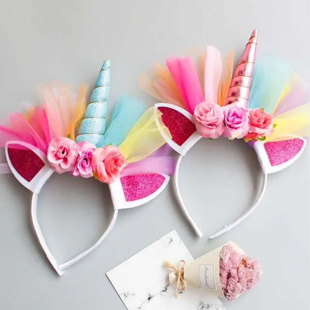 Princess Party Headband Elastic Flower Lace Unicorn Horn Headdress