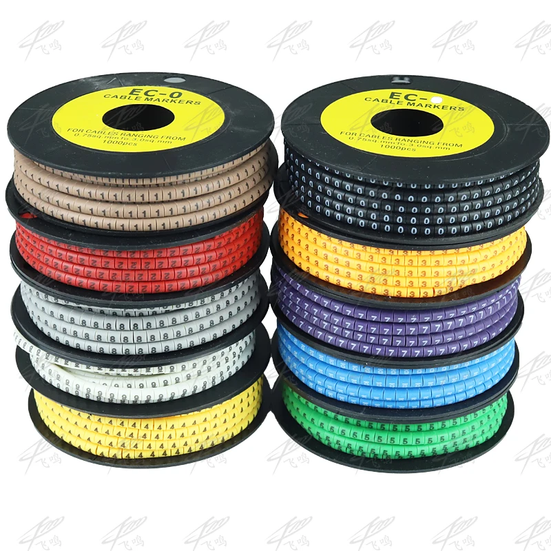 1000PCS EC-0 Cable Wire Marker 0 to 9 For Cable Size 1.5 sqmm Colored