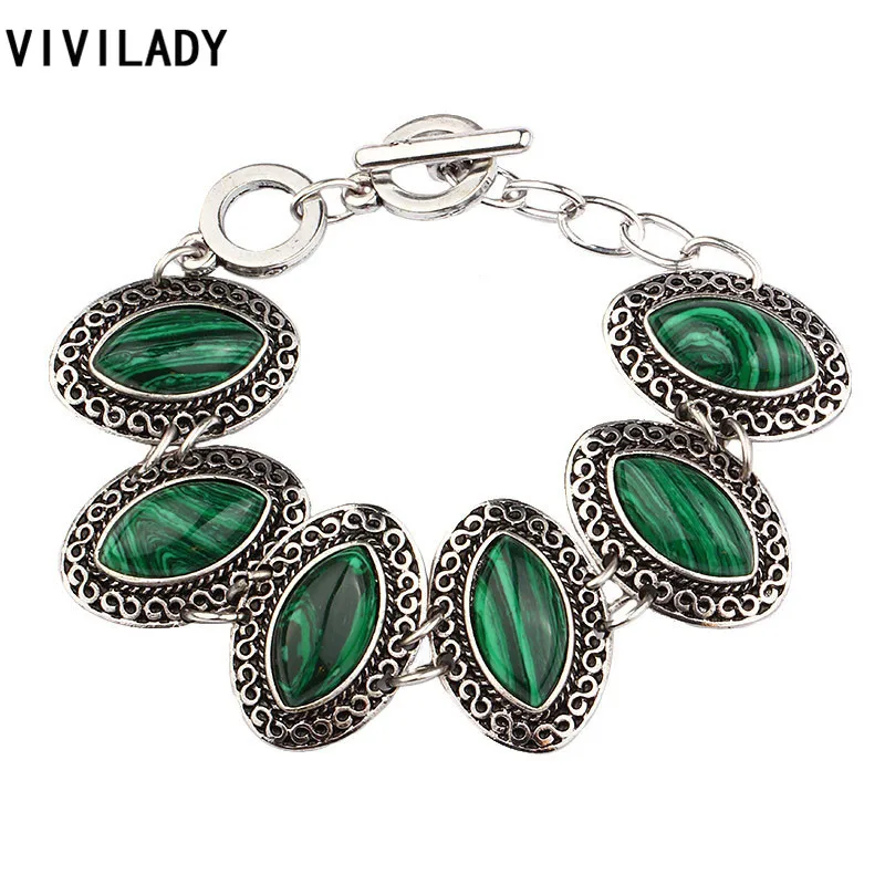 

VIVILADY Natural Green Malachite Stone Bracelets Women OL Lady Vintage Silver Color Zinc Alloy Chain Bijoux Jewelry Lover Gifts