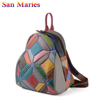 

San Maries Teenager Girls School Backpacks Patchwork Genuine Leather Backpack Casual Travel Female Shoulder Bag For Women Bag