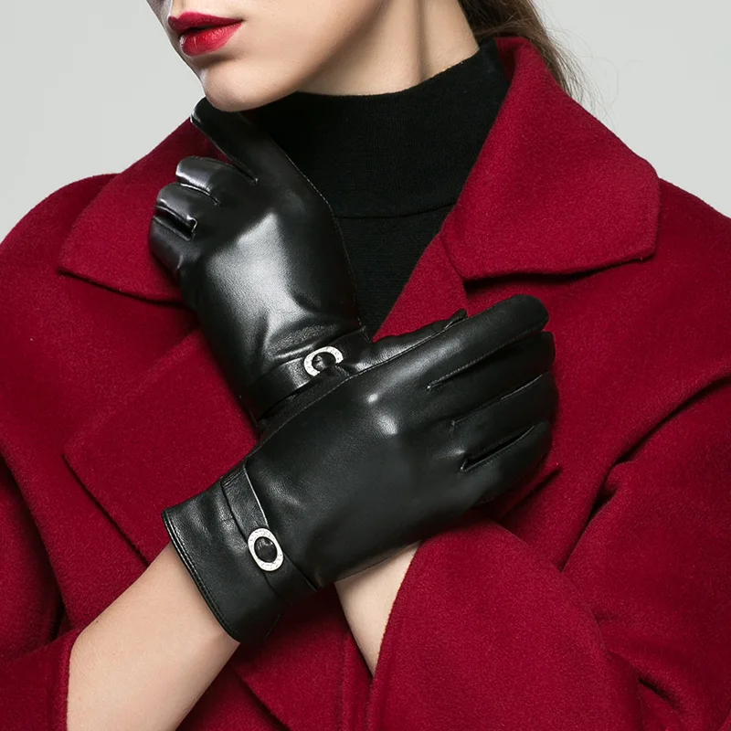 KLSS Brand Genuine Leather Women Gloves Winter Plus Velvet Fashion Elegant Rhinestones High Quality Goatskin Glove 272