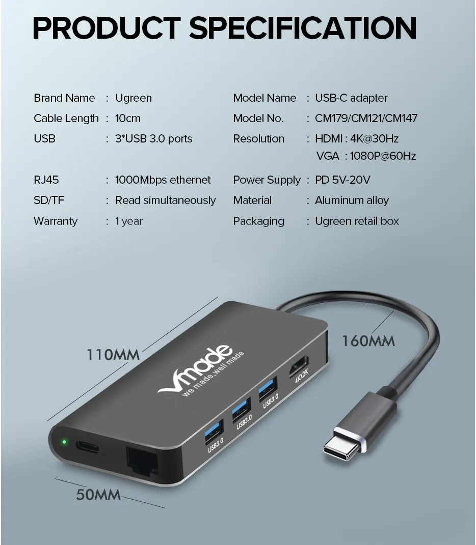 Vmade 8-в-1 сплав USB-C концентратор Тип C концентратор USB 3,0 или 3 HDMI аудио RJ45 Gigabit Ethernet адаптер SD/TF Card Reader устройство чтения карт USB C концентратор USB