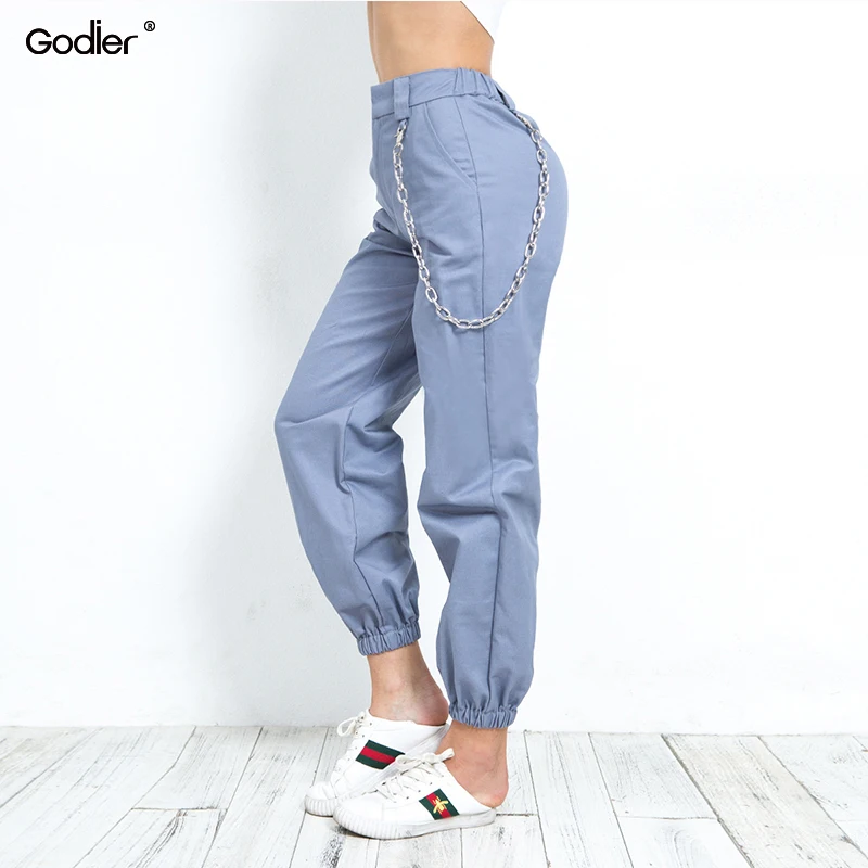Godier Streetwear Pants Women 95% Cotton Waist Chain Decoration Elastic Feet Khaki Blue Green Black Cargo Pants Zipper Trousers