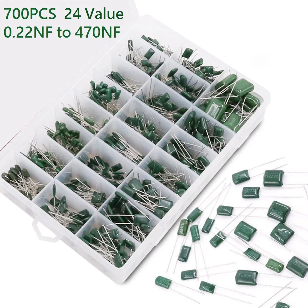 

Plastic Case 700pcs 24Value Electrolytic Capacitor Polyester Film Capacitor Assortment Kit Electronic Components 0.22NF to 470NF