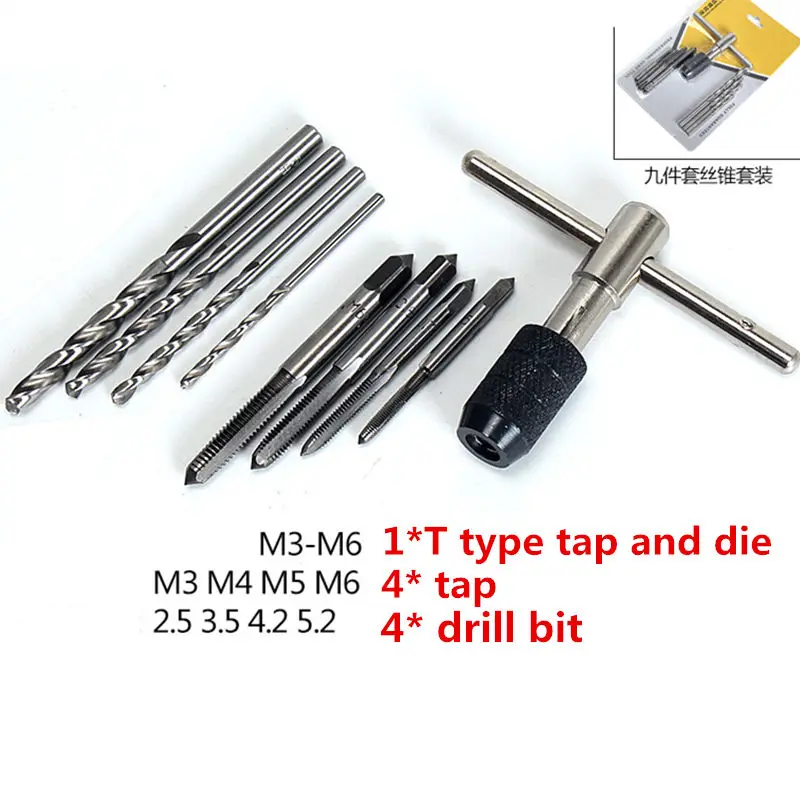 

9pcs alloy steel tap and die set M3-6T type wist Drill Bits Wrench for Woodworking Hand Tools Screw Thread Metric Plug Tap L240