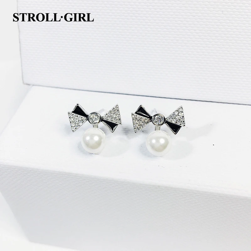

StrollGirl 2019 New Unique Design 100% 925 Sterling Silver Black enamel & Simulated Pearl Stud Earrings Women Fashion Jewelry