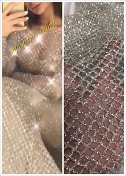 

Silver tulle lace fabric with glued glitter fashion shiny african glitter lace fabric for party dress 5yard/lot embroidered