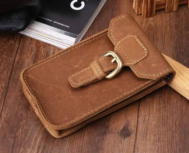 High Quality Crazy Horse leather Waist pack Phone Bag Belt Pouch Holster Cover Genuine leather hand made hasp phone bags