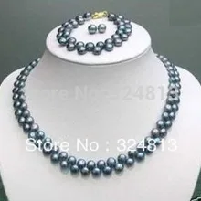 Ювелирных изделий 7-8 мм Черный Akoya Жемчужное ожерелье браслет серьги#979442