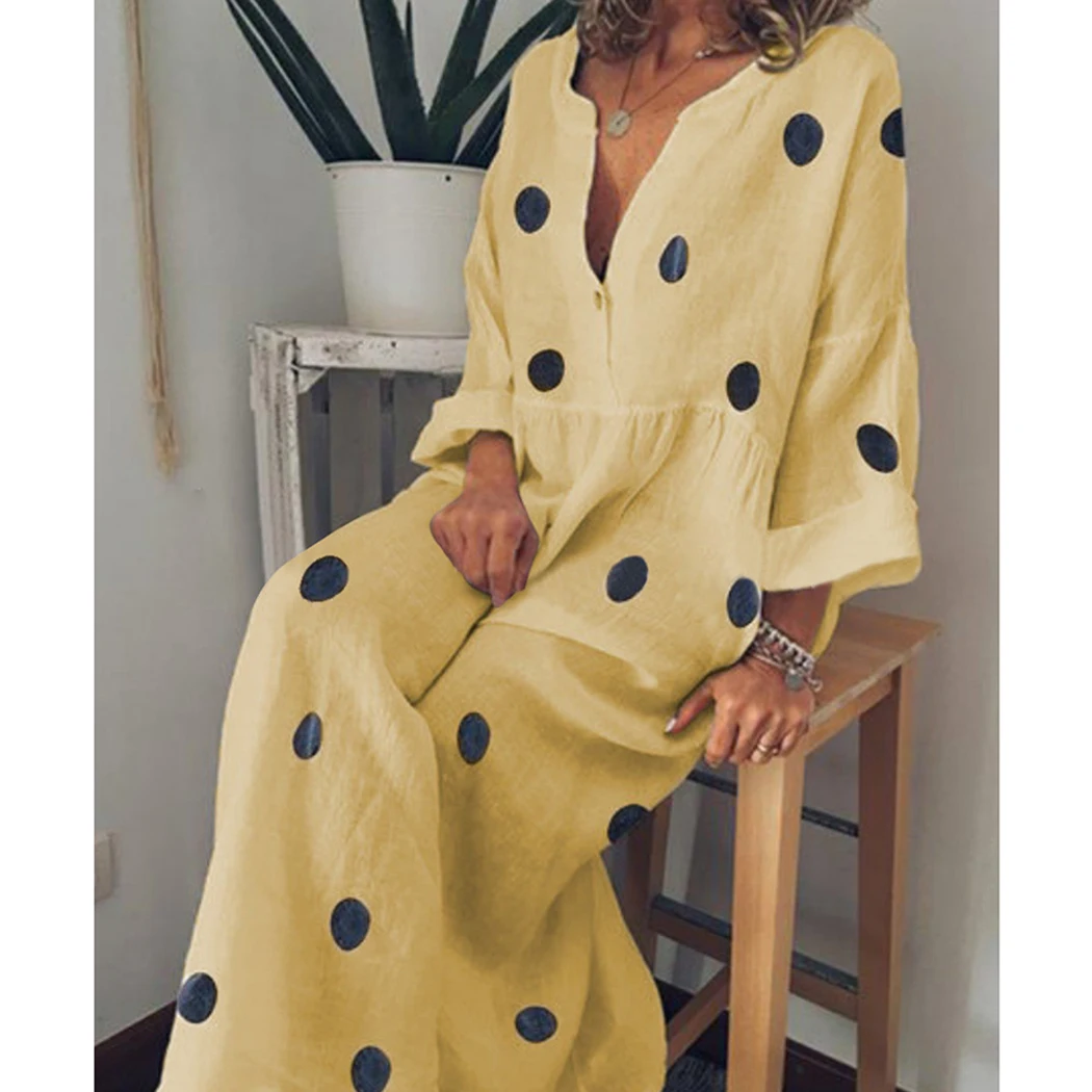 

Plus Size Summer Dress Women Polka Dot Long Maxi Dress Casual V-Neck Long Sleeve Boho Beach Ladies Dresses Bohemian Sundress