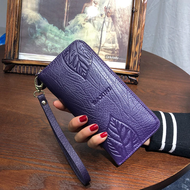 

AOEO wallet women genuine leather for phone pocket coin holder wristlet calfskin wallets female Purse for girls Ladies Purses
