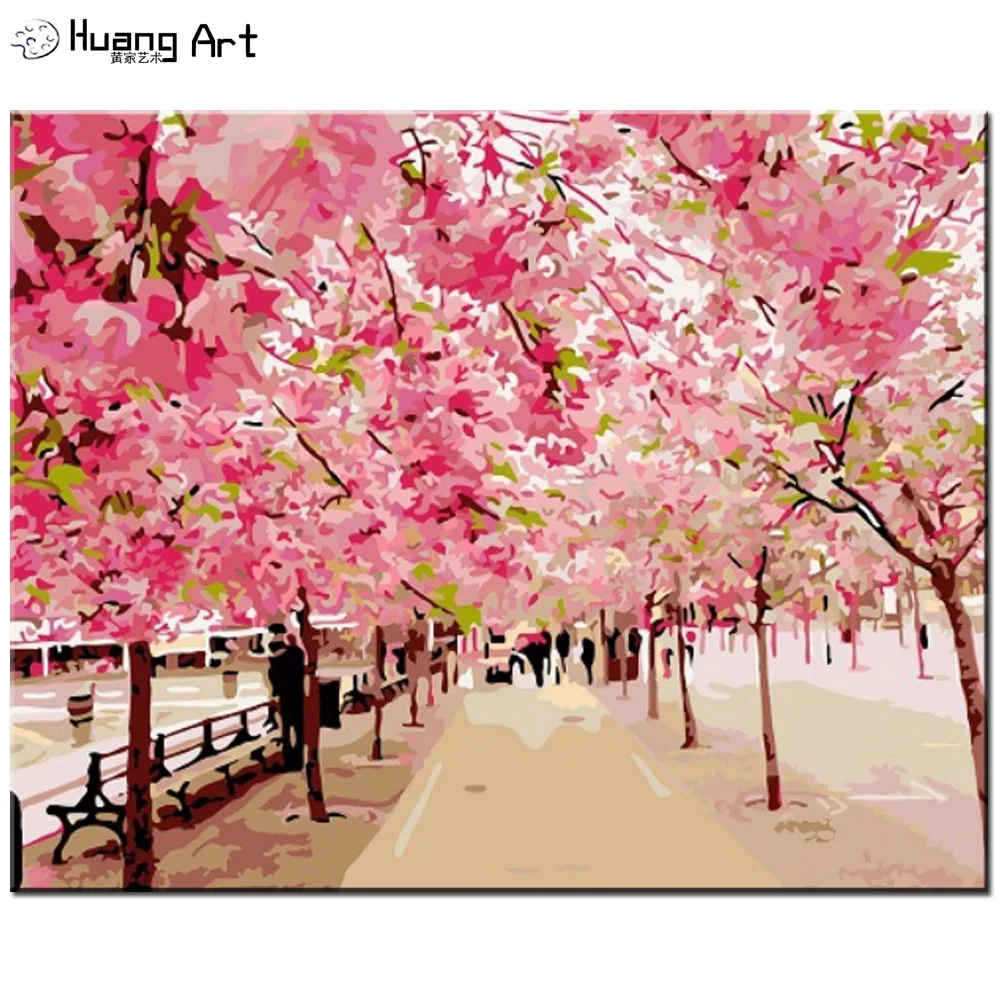 

DIY Oil Painting By Numbers Handmade Cherry Blossom Tree Painting Wall Picture for Home Decor Pink Landscape Acrylic Picture