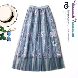 Новые длинные Фея сетчатая юбка для женщин 2019 сезон: весна-лето эластичный пояс юбки с цветочной вышивкой женские элегантные