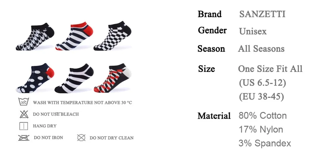 ANZETTI/6 пар/лот, мужские и женские повседневные носки до щиколотки, носки из чесаного хлопка, черные, белые, красные клетчатые полосатые носки с геометрическим рисунком