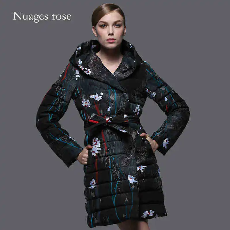 

2015 Winter Thicken Warm Woman Down jackets Coat Parkas Outerweat Luxury Silk Printing Hooded Cold Plus Size 2XXL Long Black