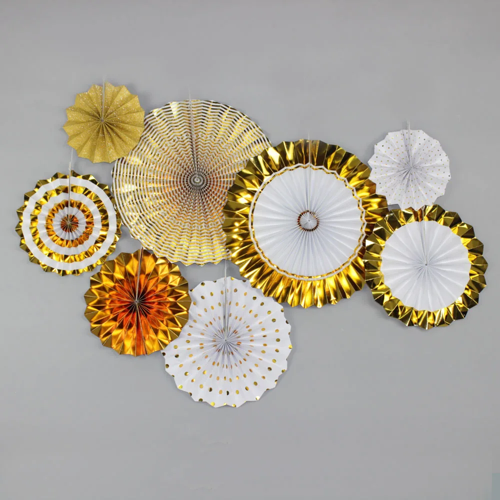 

Hot 3Sets Hanging Gold Paper Fan For Wedding Party Decoration Kids Birthday Baby Shower EID Christmas Show Decor Paper Crafts