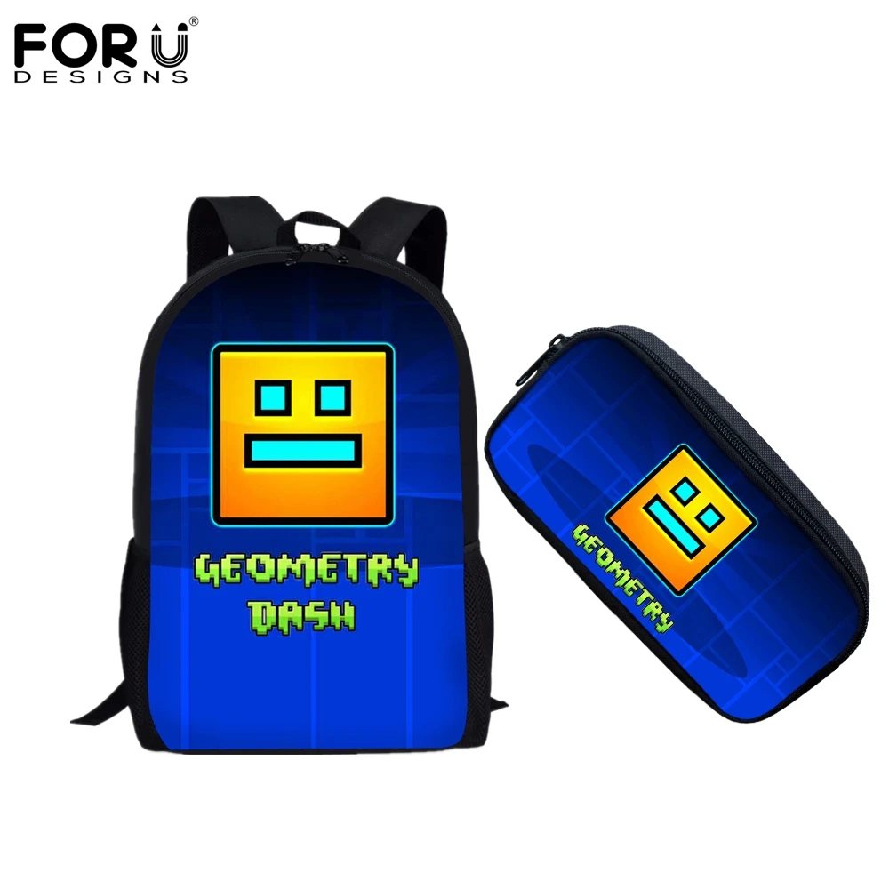 

FORUDESIGNS 2 Pcs/Set Geometry Dash Cartoon Game School Bags for Teenager Boys Girls Children's Backpack Kids School Book Bag