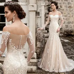 SIJANE Vestido De Noiva Simples Свадебные платья с длинным рукавом Robe De mariée шампанское кружево Русалка свадебное платье 0817