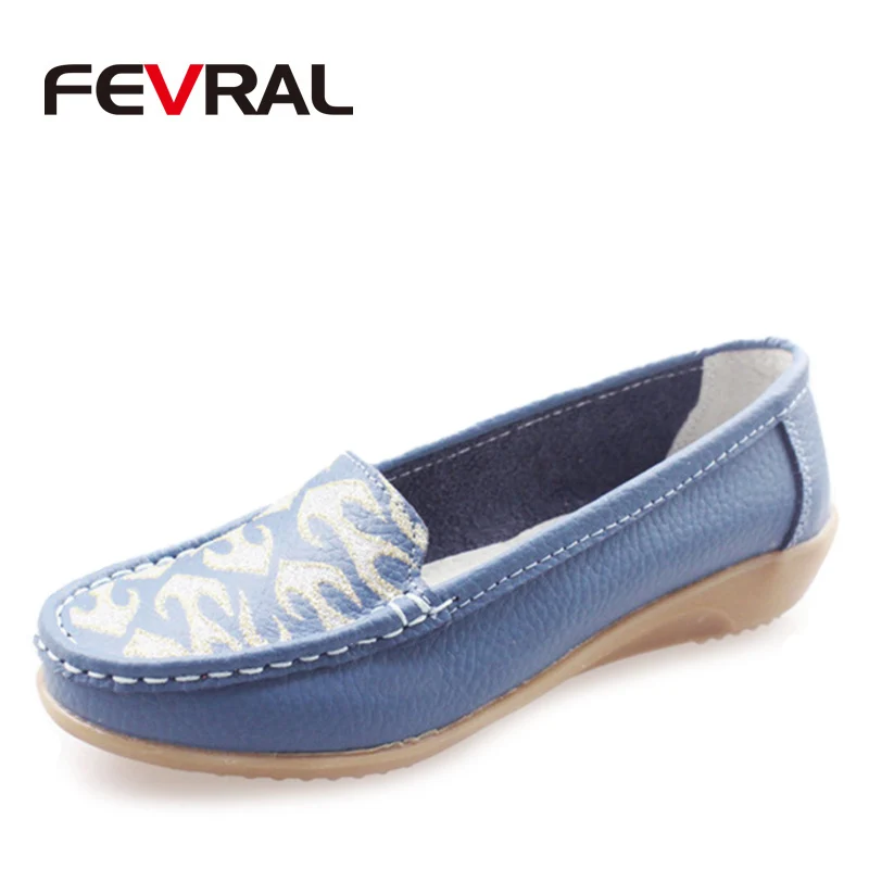 

FEVRAL Fashion Genuine Leather Shoes Woman 2019 New Solid Slip On Boat Shoes For Woman Flats Shoes Big Size 35-41 Loafers Woman