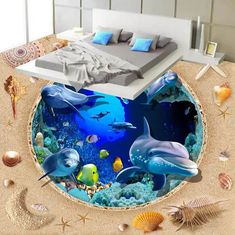 Custom Photo Wallpaper 3D Stereo Ocean World Dolphin Floor Painting PVC Self Adhesive Waterproof Mural Living Room Bedroom Decor