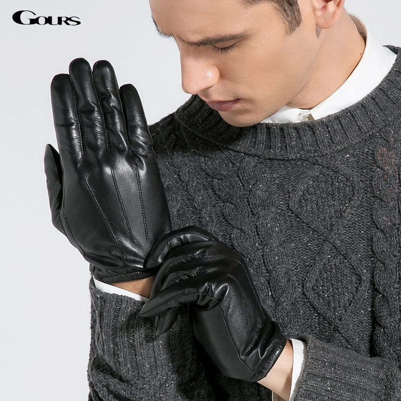 Gours Men s Genuine Goatskin Leather Gloves 2017 New Brand Winter Gloves Men Black Driving Glove