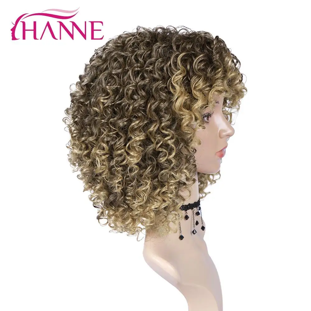 Ханне кудрявый синтетический парик с челкой Высокая температура волокна микс коричневый блонд парики для афроамериканских женщин