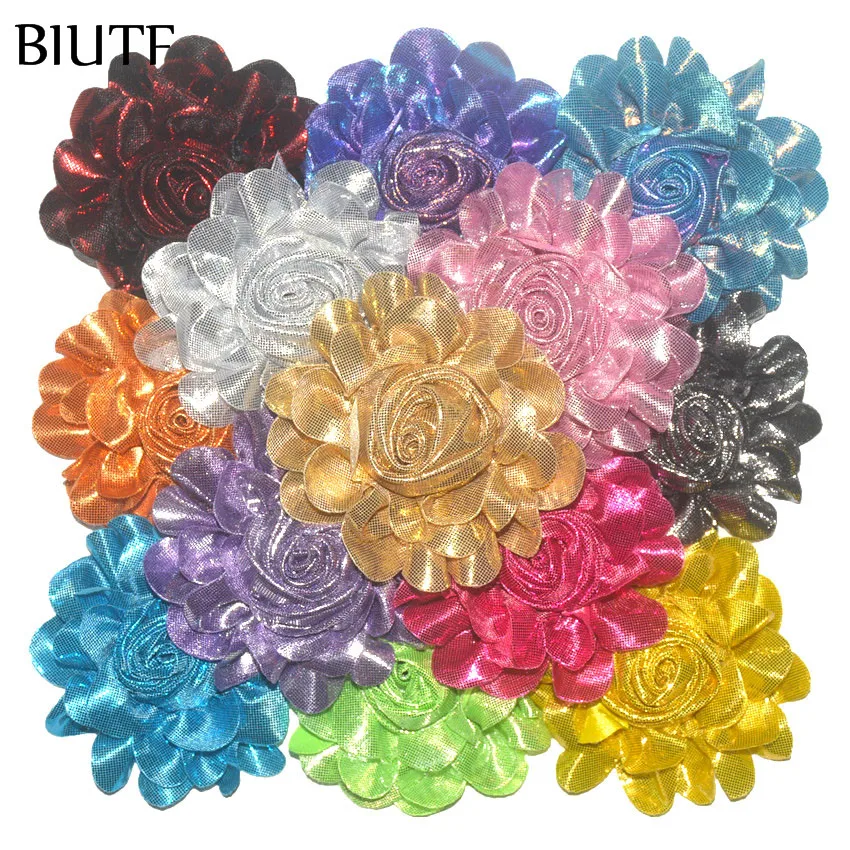 50Pcs4InchArtificialMetallicRolledChiffonFlowerFashionBoutique