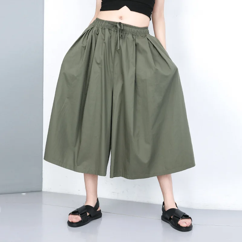 

Johnature Solid Colour Elastic Waist Wide Leg Pants 2019 Summer Fashion New Loose Simple Calf-length Pants Leisure Women Pants