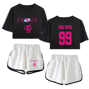 

2019 TWICE New Song FANCY Print Midriff-baring T-shirt+Sport Shorts Women Summer Sexy Fashion Harajuku Casual Suit Hot Sale