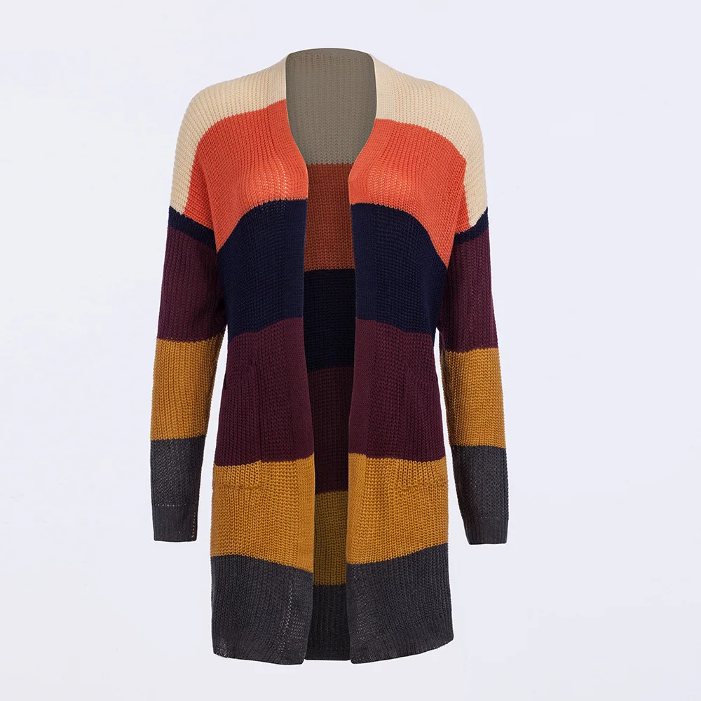 Missufe осень зима радуга лоскутное свободный женский свитер кардиган вязаный джемпер с длинным рукавом карман повседневные длинные свитера