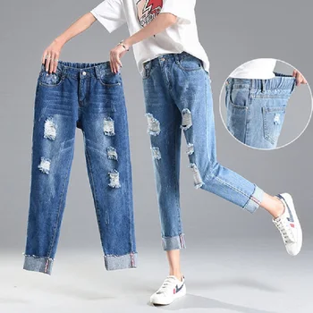 

denim fabric Destroy Wash jeans women jeans ripped hole jeans high waist pants ankle-length trousers students jeans