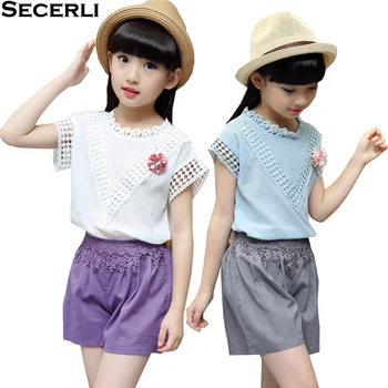 

Children Girls Summer Set 2018 New Sleeveless Lace Tops+Shorts Cotton Girls Clothing Set 4 6 8 10 12 14Years Kids 2Pcs Outfits