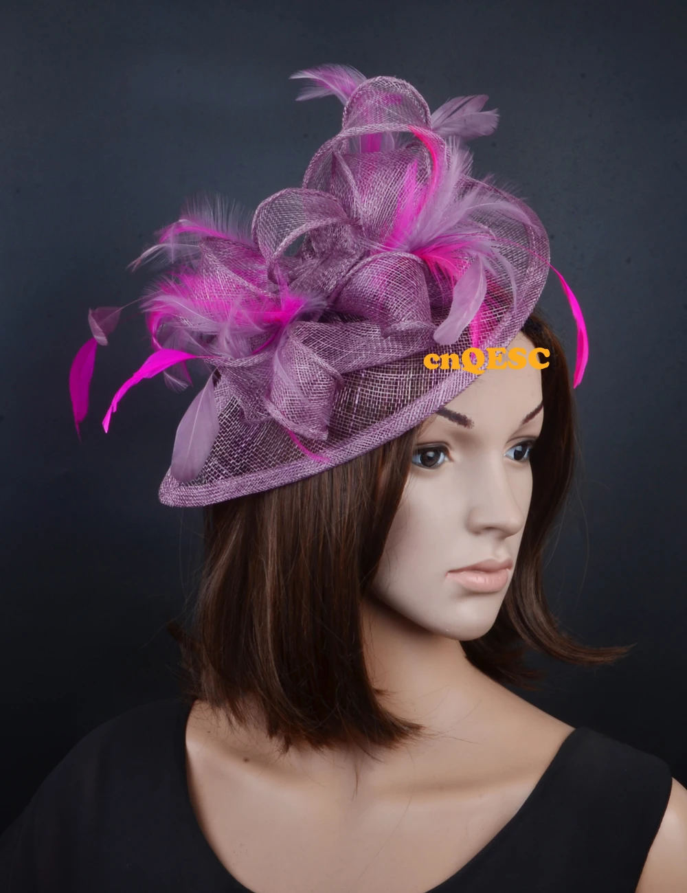 

LT plum purple hot pink sinamay feather fascinator formal hat for wedding party kentucky derby Races Ascot Races