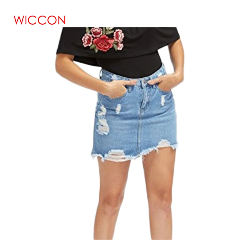 

WICCON Distressed Pencil Skirt Vintage Blue Denim Women Sexy Casual Mini Summer Skirts 2019 New Fashion Pockets Bodycon Skirt