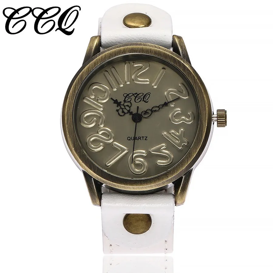 CCQ Брендовые женские часы с циферблатом и цифрами, водонепроницаемые винтажные часы с ремешком из натуральной кожи, кварцевые наручные часы, подарок, Relogio Feminino - Цвет: white