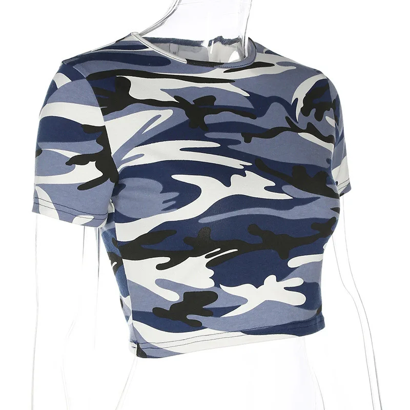 Qunndy T Shirt Women Camouflage Cotton Elastic Basic T-shirts Female Casual Tops Short Sleeve Tshirt Crop Top Camisetas Mujer (19)