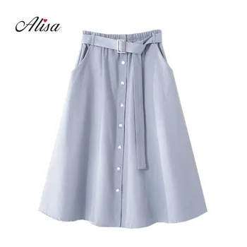 

Summer White Long Skirt New 2018 Women Casual Solid Black Slim A-line Beach Skirts Woman Single Breasted Belt Skirt Femininas
