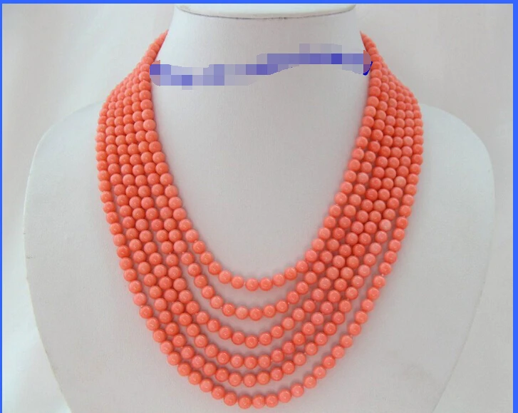 

Hot sell Noble- FREE SHIPPING>>>@@ SA stunning 6rows 6mm round natural pink coral necklace d348