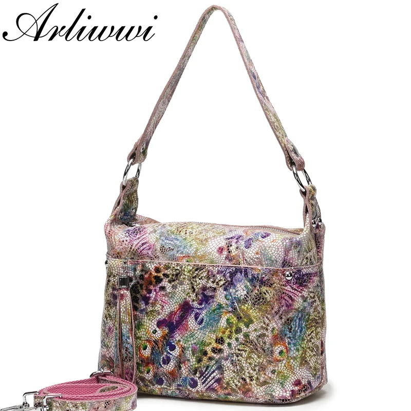 

Arliwwi 100% Real Leather Functional Roomy Bags Women Genuine Leather Peacock Pattern Coating Colorful Handbags New