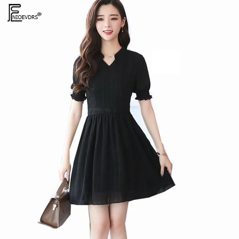 

European Design Dresses Women's Summer Basic Short Sleeve Slim Waist A Line Elegant Lady Office Work Little Black V Neck Dress