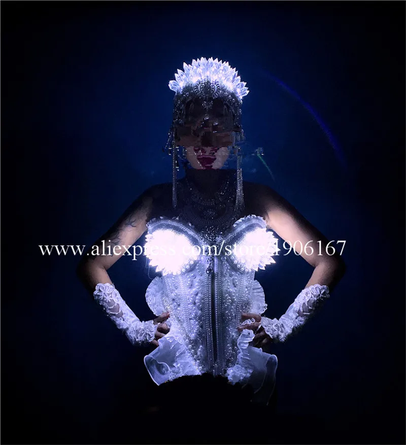 Christmas led costumes luminous glowing bra catwalk show white ds dress dj wears dance outfits clothe cloak head piece club07