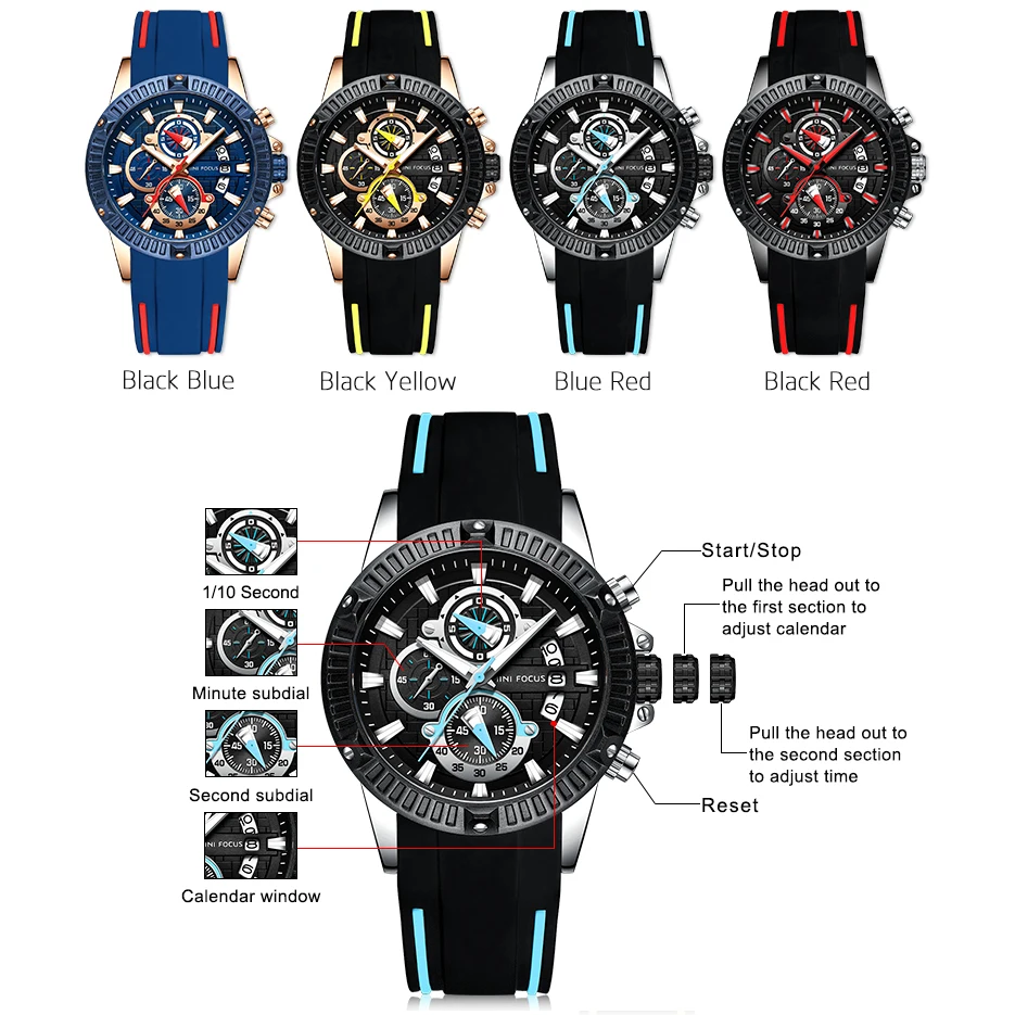 MINIFOCUS Chronograph Mens Watches Brand Luxury Casual Sport Date Quartz Silicone Wristwatches Waterproof Men's Wrist watch Man