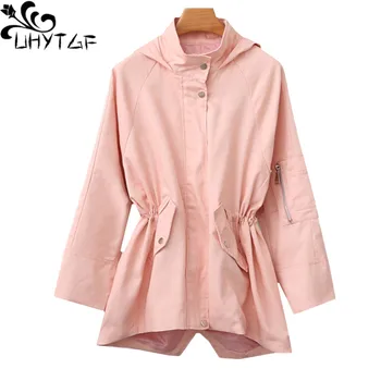 

UHYTGF Spring coats womens fashion Hooded 5XL Oversized Windbreaker outerwear Red black pink Wild elegant female trench coat 540
