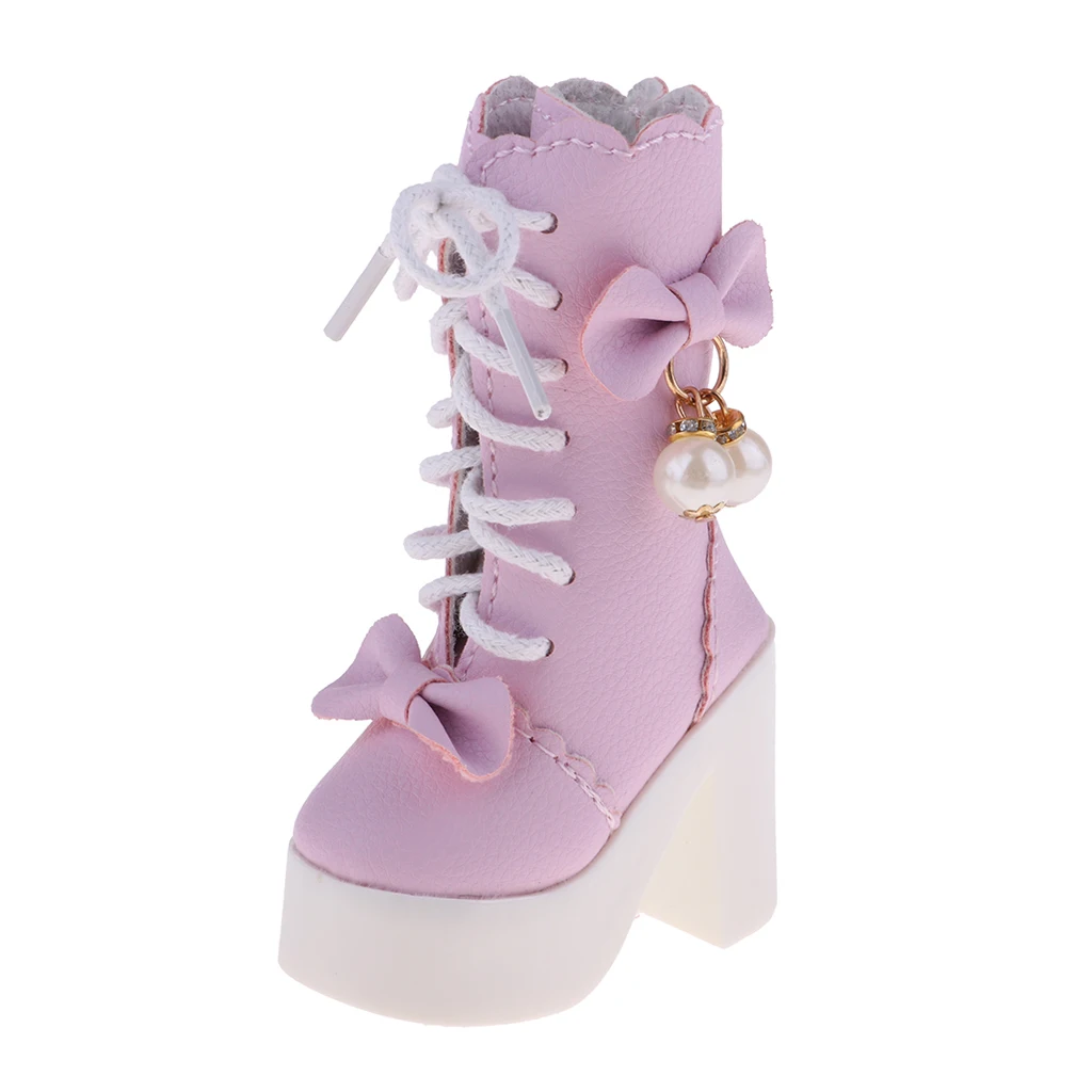 Handmade PU Leather Shoes Lace-up High Heeled Shoes for 1/3 BJD Dolls for 60cm Night Lolita Dolls (Pink)