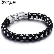 TrustyLan классический черный кожаный браслет для мужчин панк-рок ювелирные изделия из нержавеющей стали мужские браслеты дружбы и браслеты